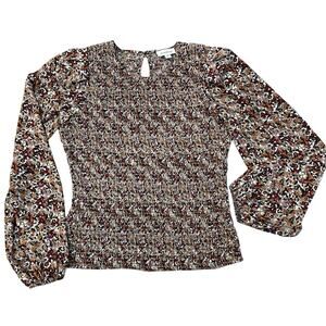 Evereve Margaret Floral Smocked Blouse Medium Long Sleeve Taupe Multi Casual